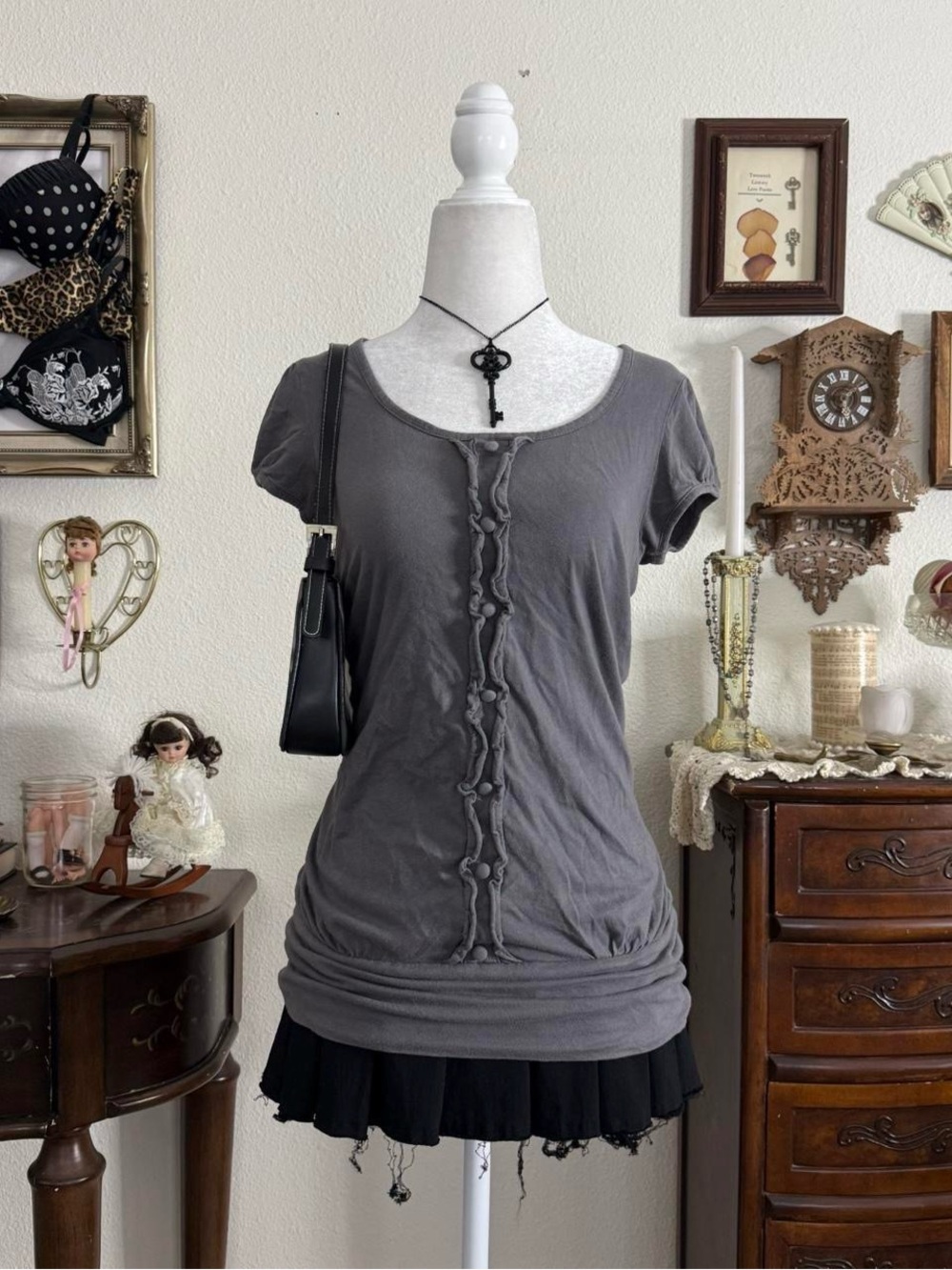 Y2k girly grunge vampy emo dark coquette grey ruffled long tunic top
